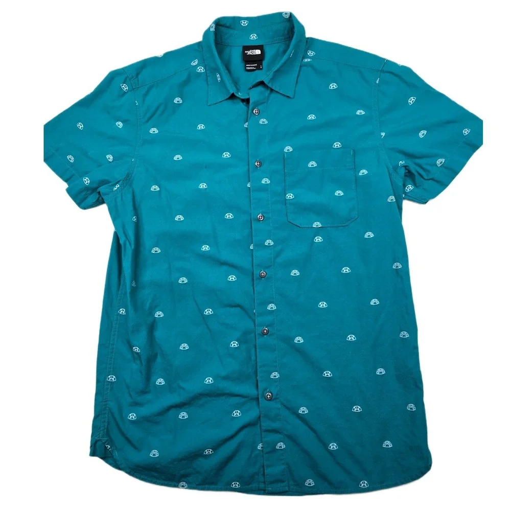 The North Face Igloo Print Shirt Mens Large Teal Cotton Short Sleeve Button Down